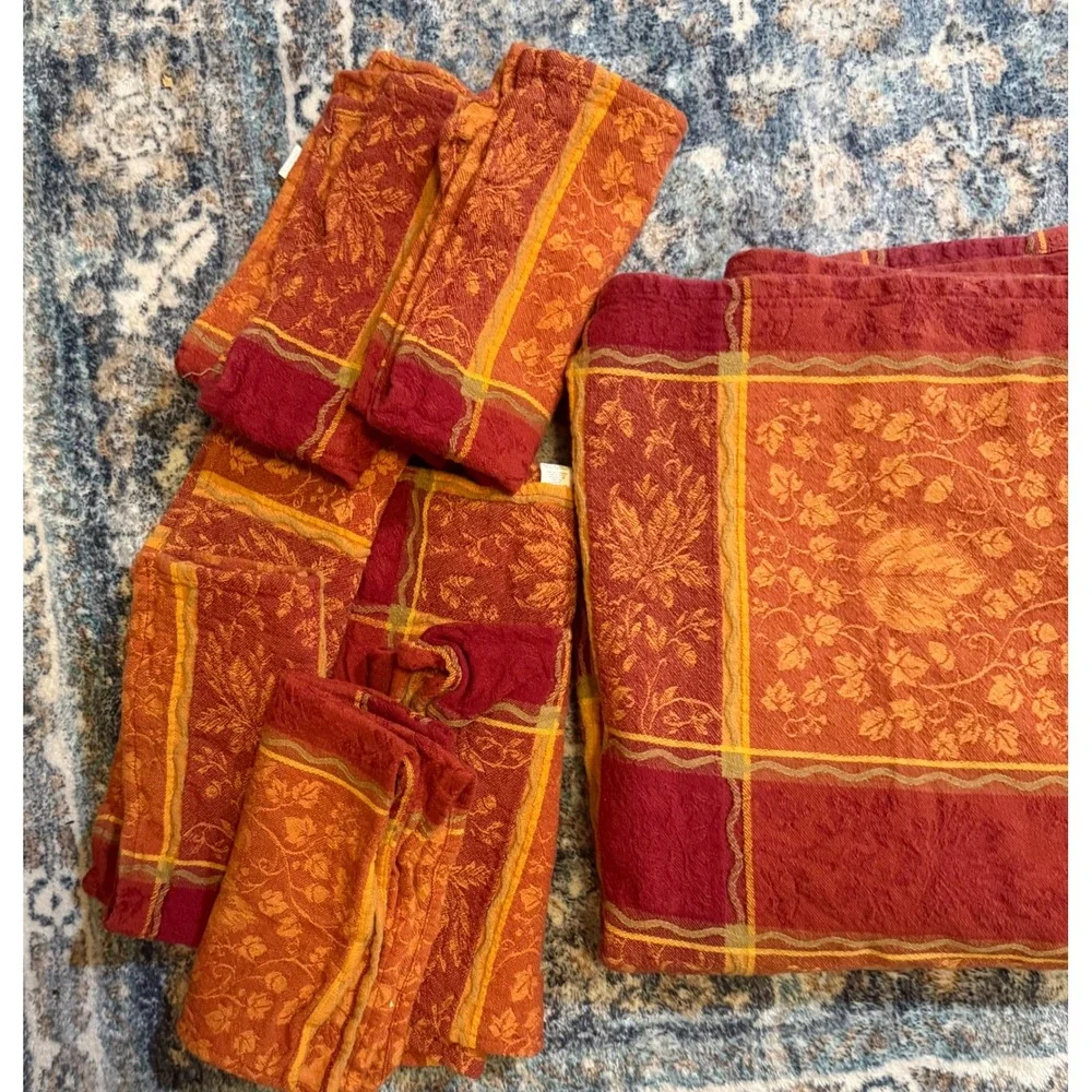 Fall Tablecloth Cotton Maple Leaf Burnt Orange Plus 7 Matching Napkins 52